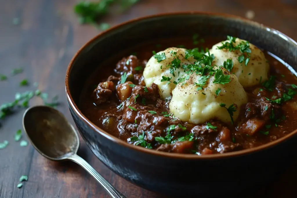 German beef goulash with potato dumplings and parsley garnish.