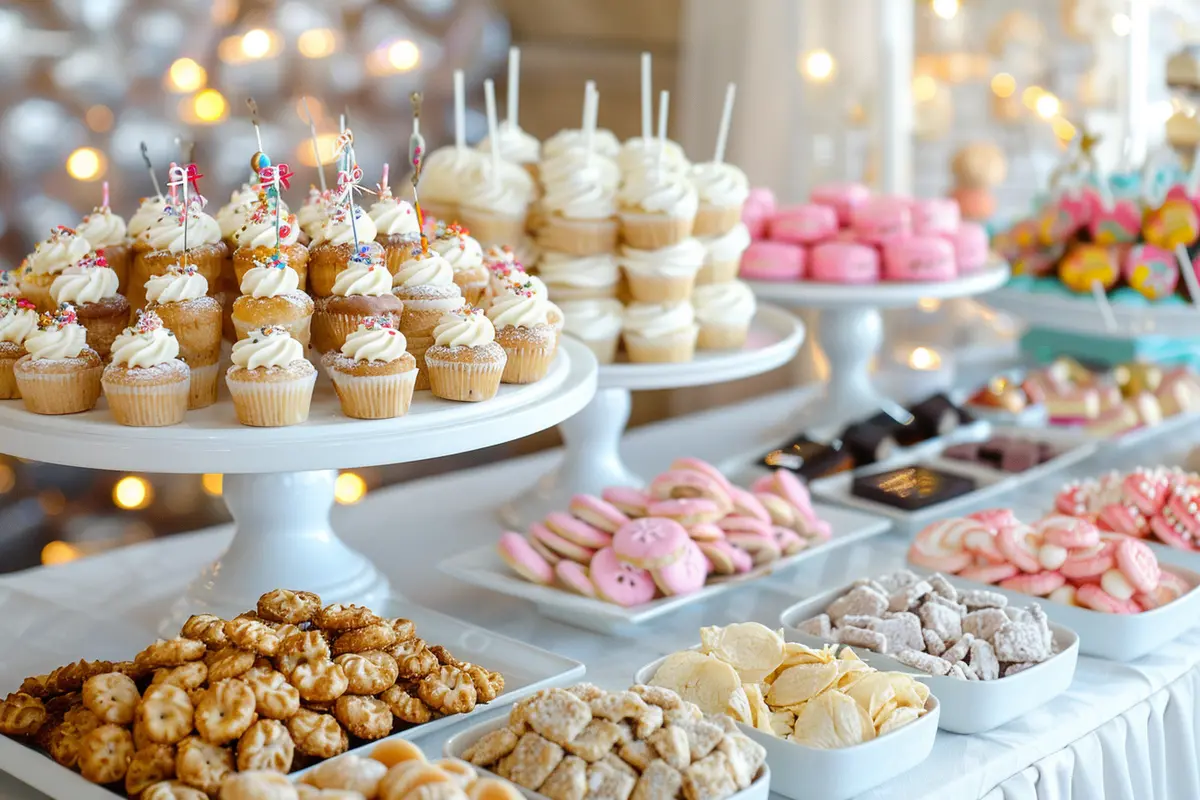 A table filled with Snacks & Sweets, including cupcakes, cookies, candy, chips, and pretzels, arranged on stylish platters with warm lighting