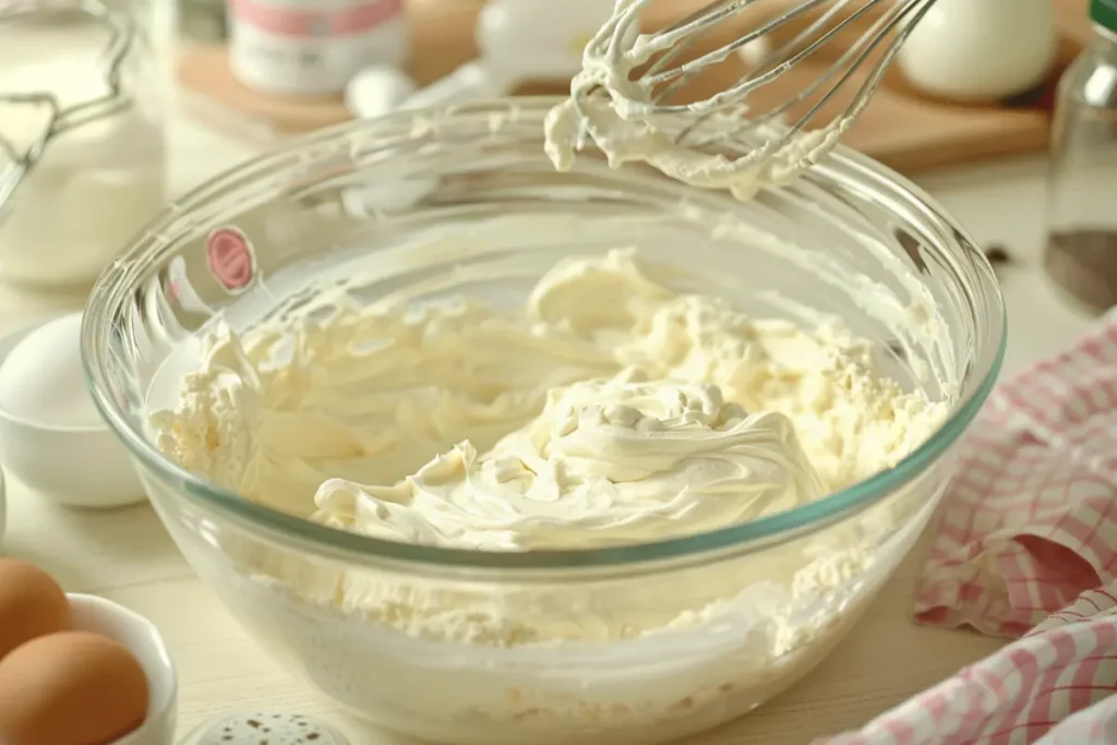 Mixing kefir sheet cake batter in a glass bowl with fresh ingredients around