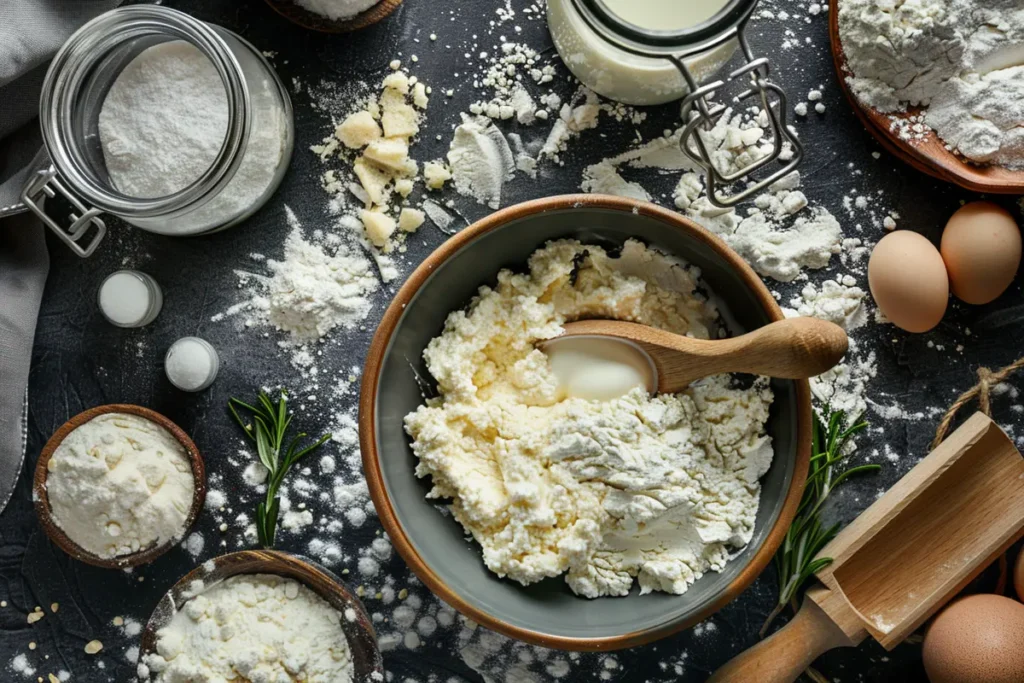 Mixing cake batter with kefir poured into a bowl on a rustic kitchen table