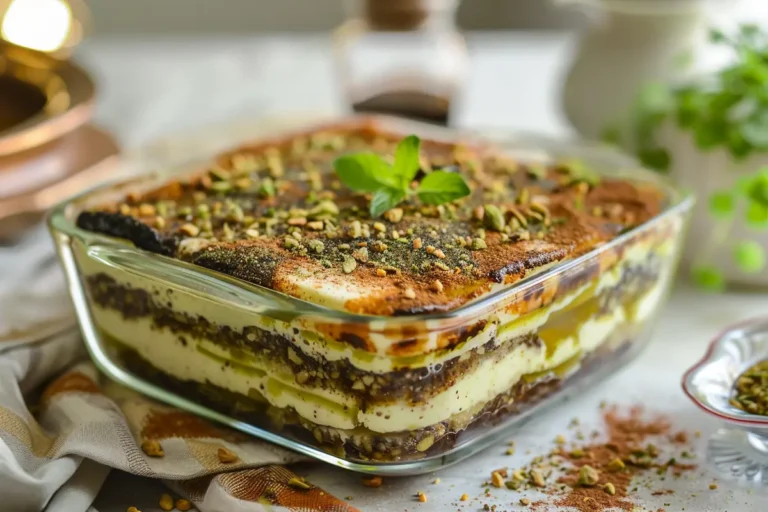 Terra Massoud dessert layered in a baking dish with pistachio garnish.