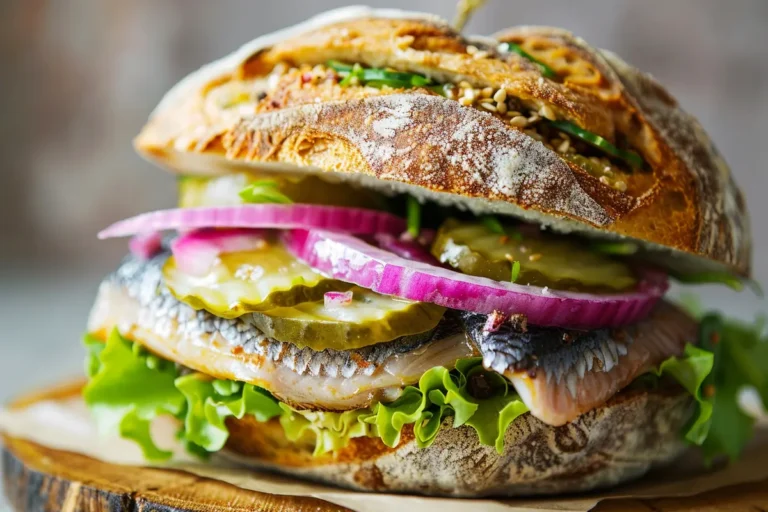 Close-up of a traditional Matjesbrötchen sandwich with toppings