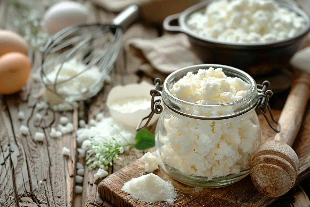 A jar of kefir with baking ingredients on a wooden table