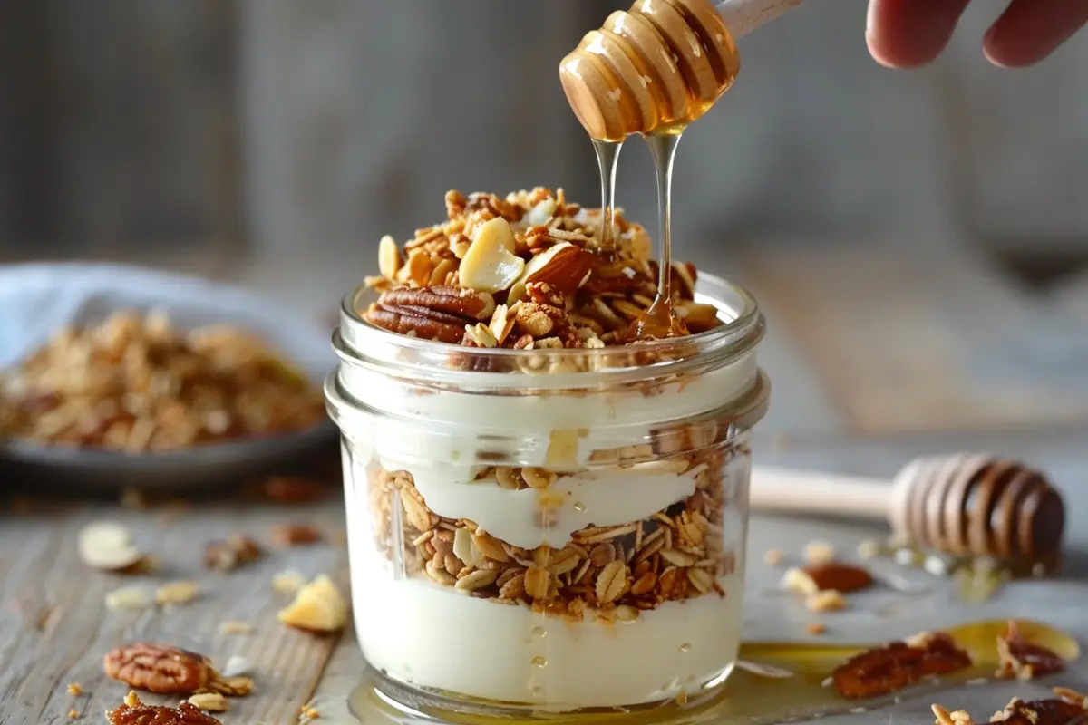 Vanilla nut granola in a jar with yogurt and honey