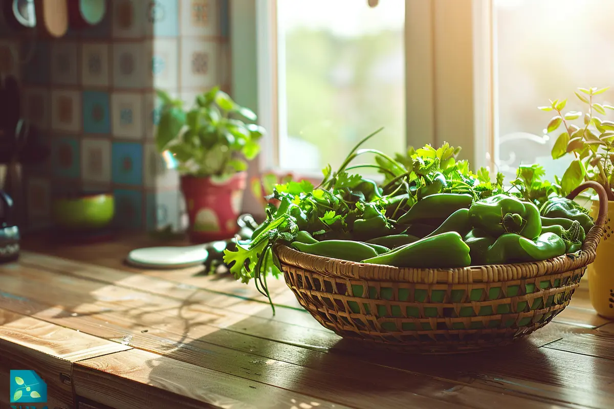 A vibrant basket filled with fresh green peppers