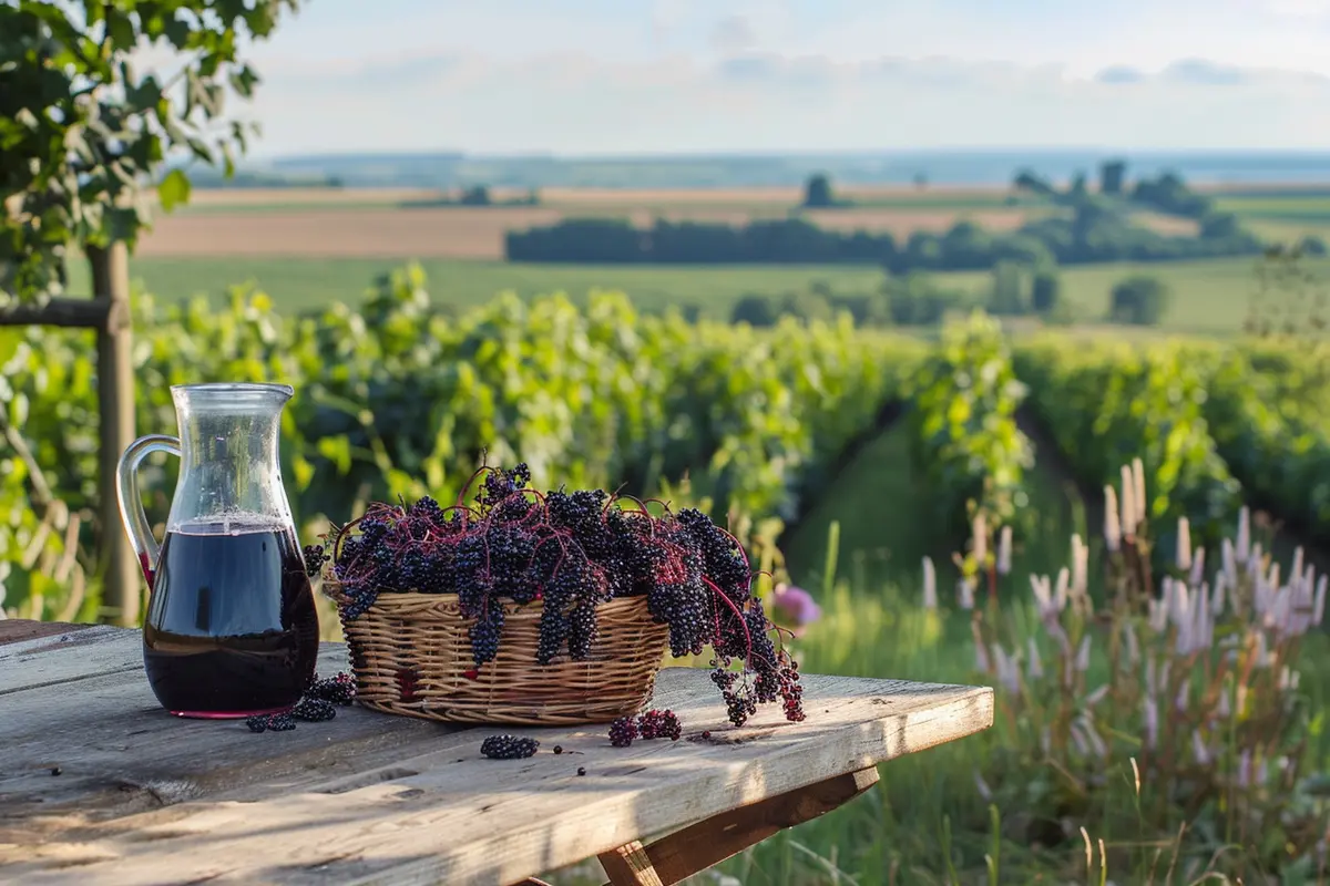 A rustic farm table outdoors with a jug of elderberry juice, a basket of freshly picked elderberry