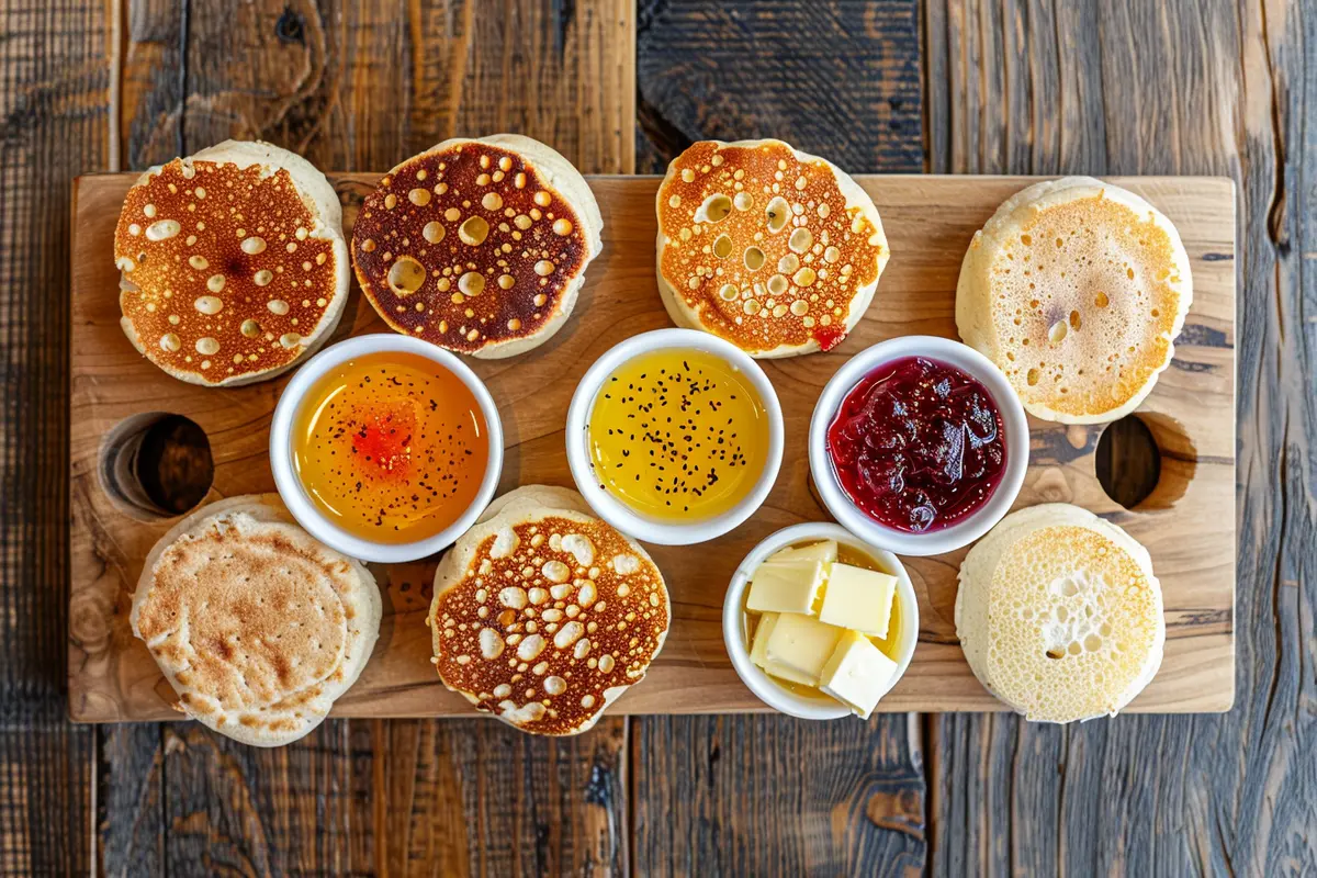 Crumpets and English muffins side by side with toppings