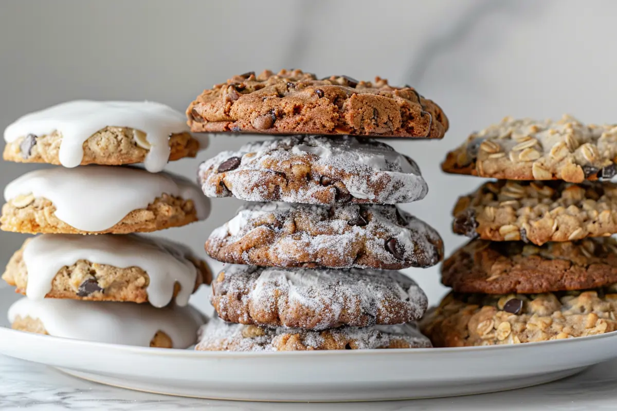 Close-up of iconic American cookies, including chocolate chip, frosted sugar cookies, and oatmeal raisin cookies.