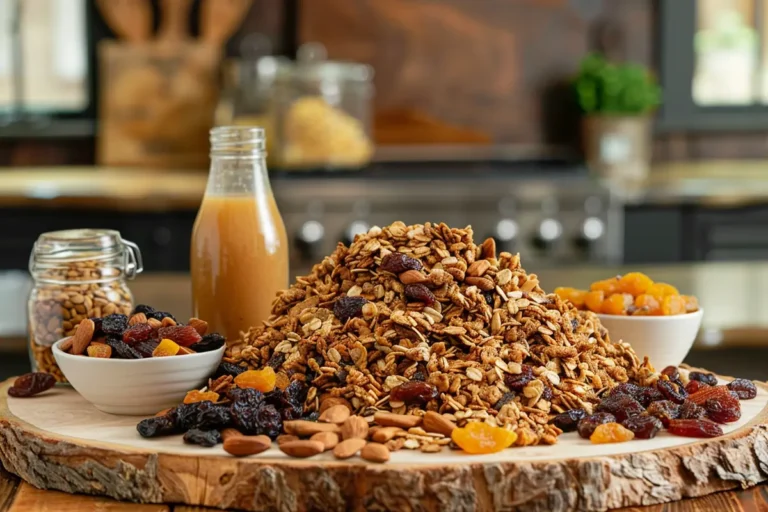 Granola clusters with honey and nut butter on a wooden table