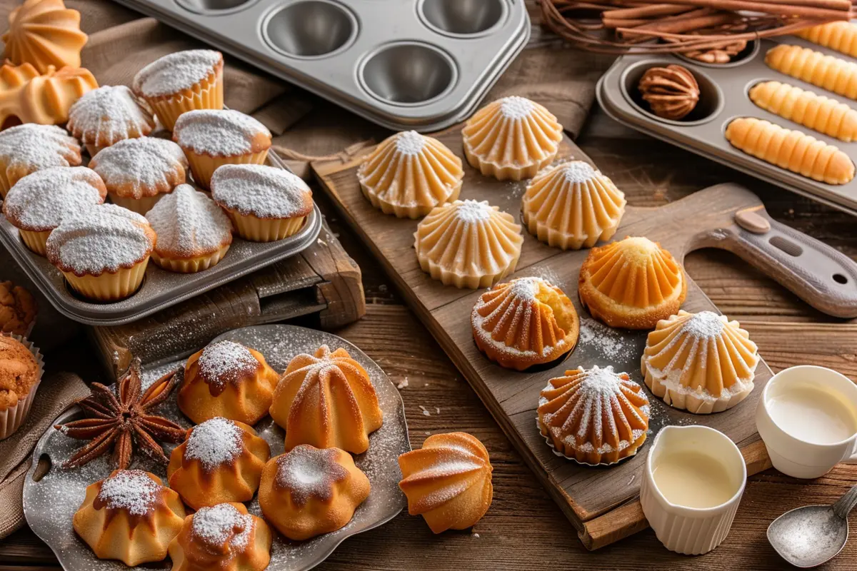 A beautiful display of madeleines in different shapes on a rustic wooden table