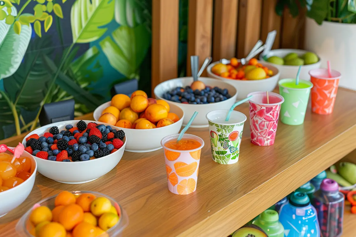 A DIY bug juice station with fruit, sweeteners, and flavored water