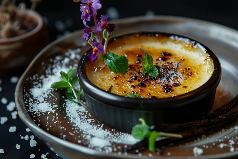 A perfectly caramelized crème brûlée garnished with fresh mint