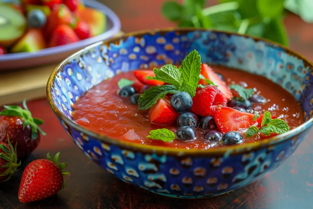 A colorful bowl of fruit soup with fresh fruits and mint