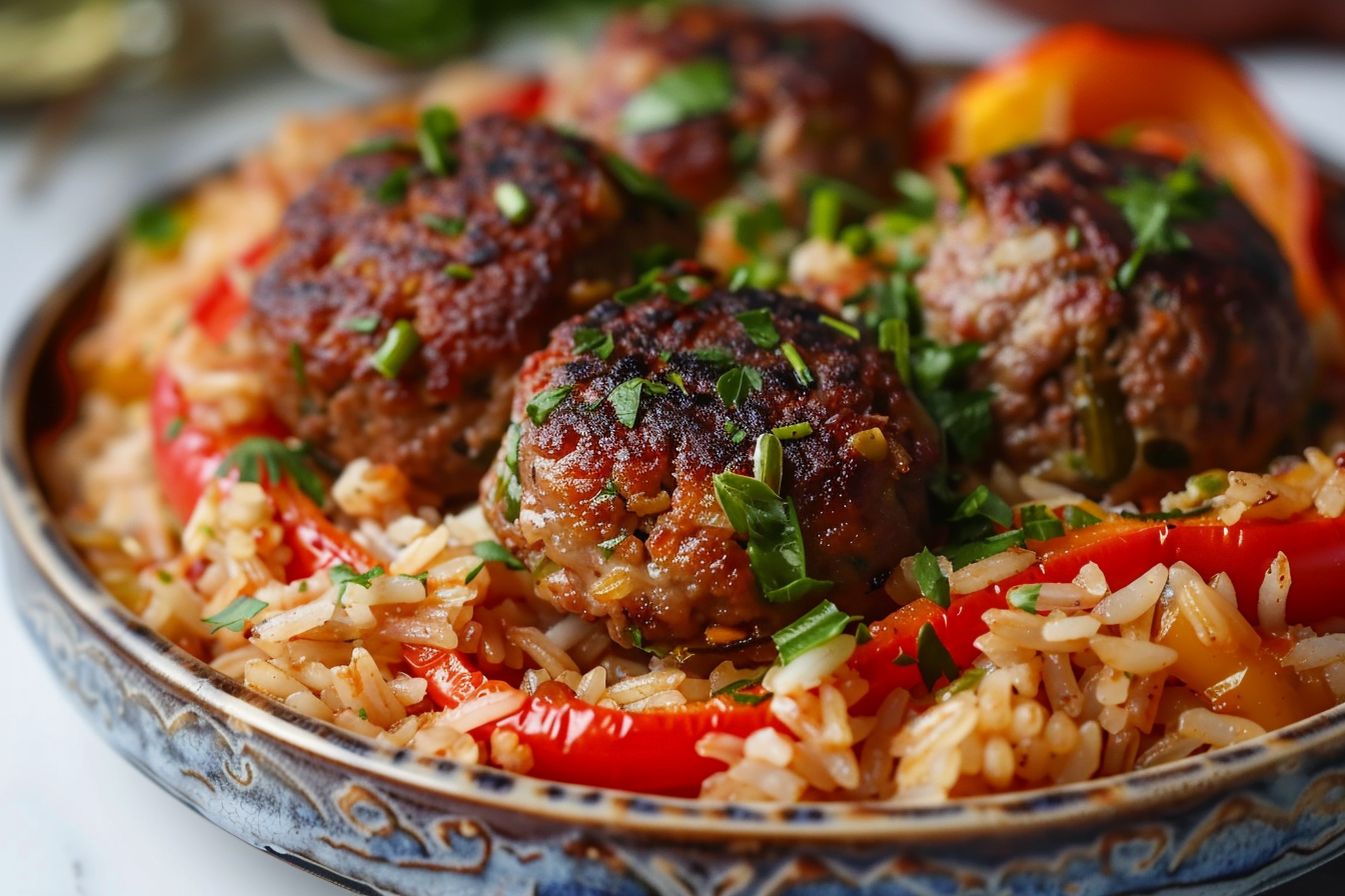 Multiple dishes made from rice and leftover cooked lamb, including pilaf, stuffed peppers, and patties