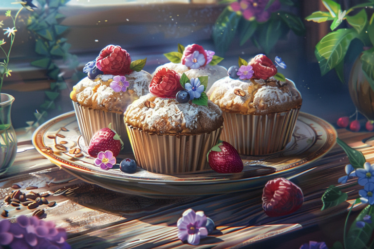 Freshly baked muffins served on a plate with a soft golden crust, garnished with berries and nuts