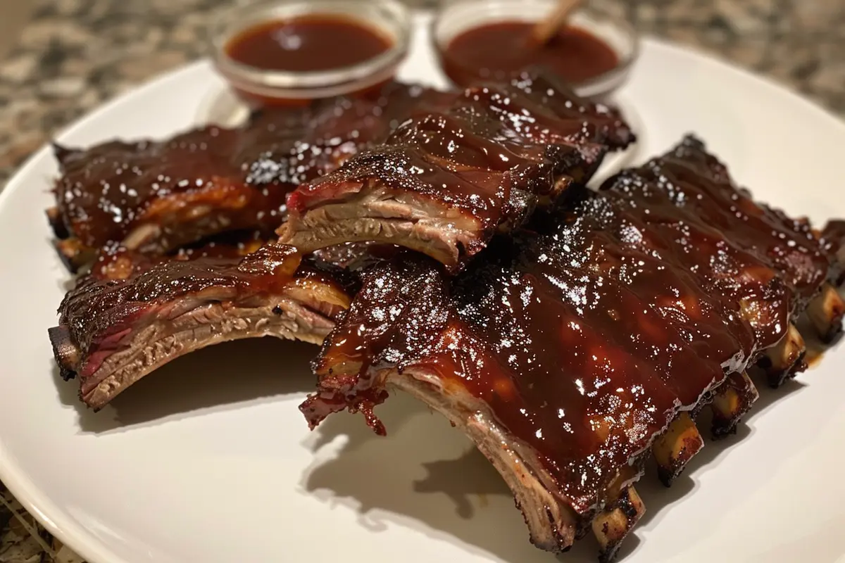 Tender ribs served with sides and barbecue sauce