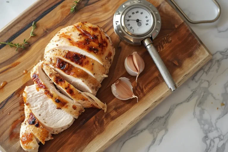 A sliced chicken breast on a cutting board, with a thermometer showing overcooking as a cause of toughness