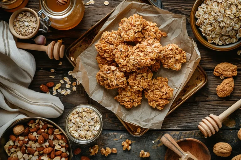 Perfectly baked crunchy granola on a baking sheet with ingredients