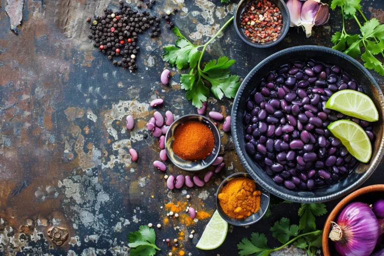 Cooked black beans with a purple tint, surrounded by spices and vegetables