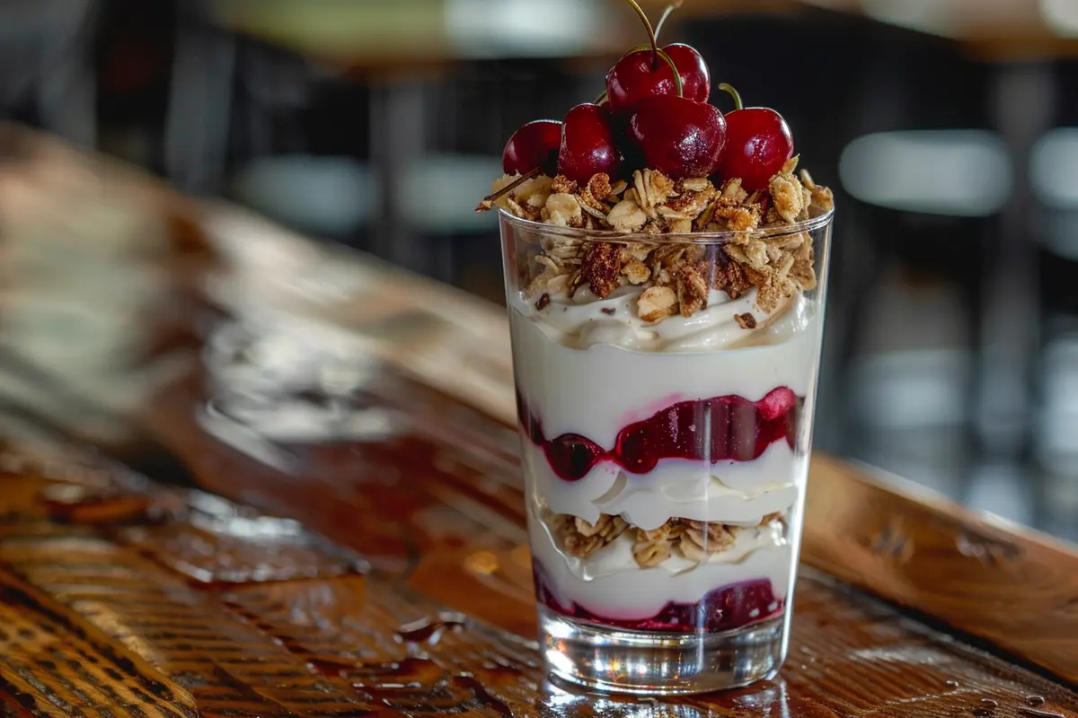 Yogurt parfait with canned cherries, granola, and yogurt layers