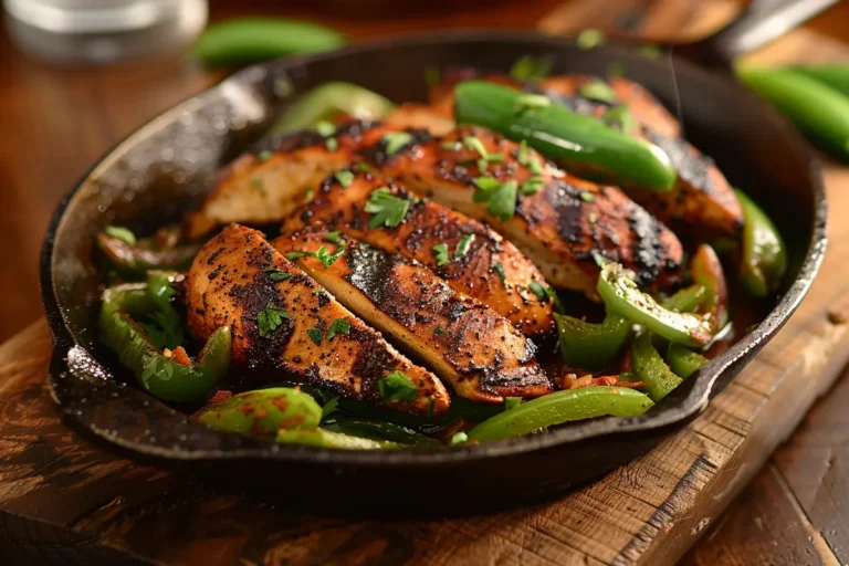 blackened chicken and sautéed green peppers, garnished with parsley, in warm, inviting lighting