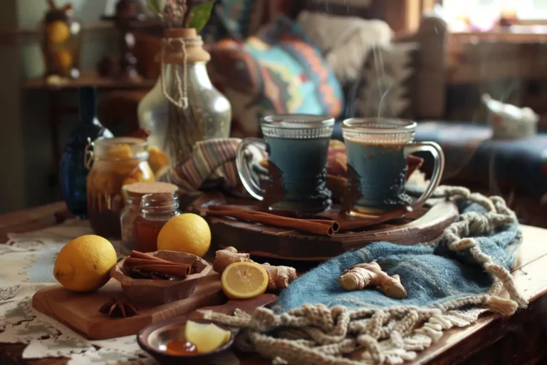 A cozy setting with two glass mugs of steaming ginger toddy, placed on a table with a knitted scarf, lemon wedges, a honey jar, and cinnamon sticks