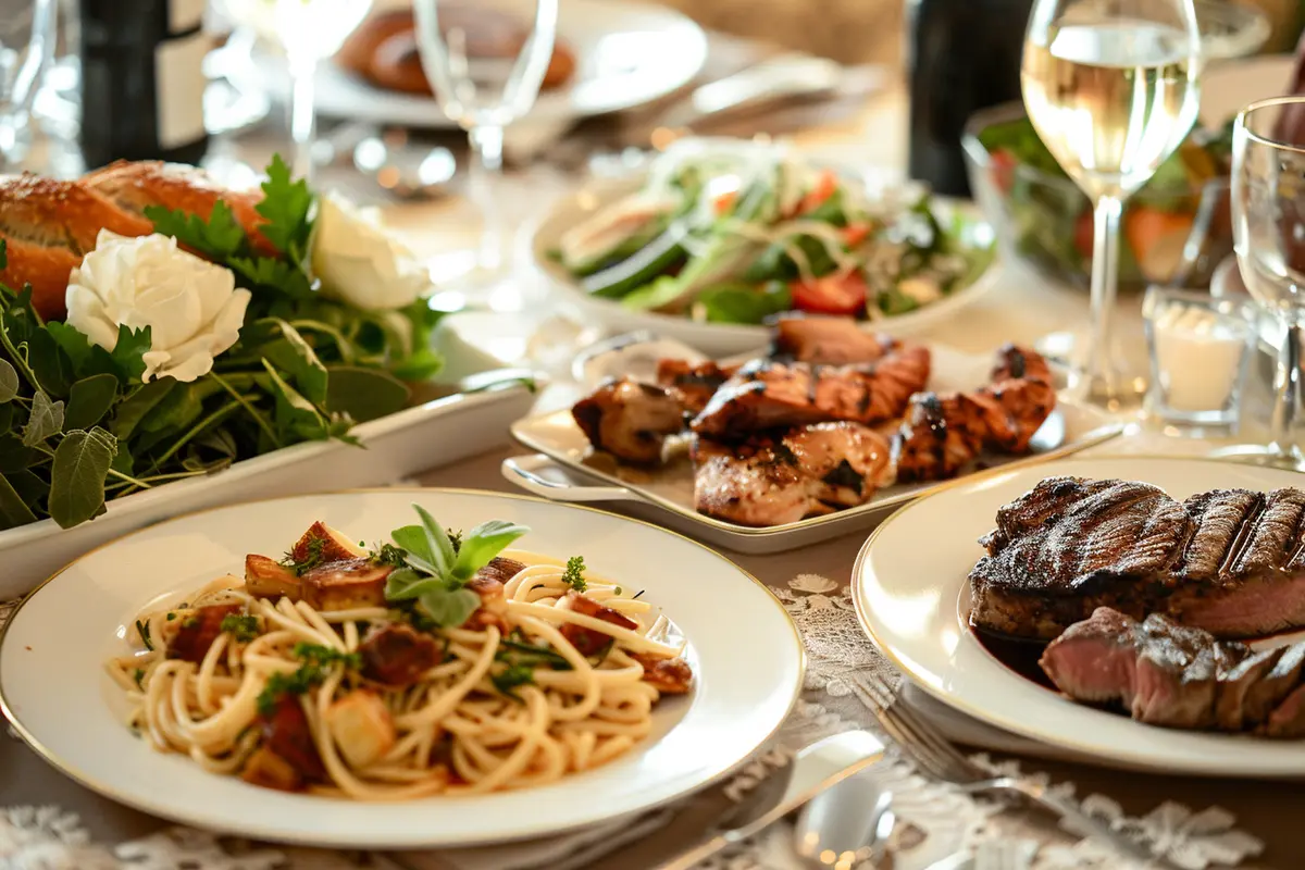 A beautiful dining setup showcasing Main Meals, including pasta, grilled chicken, steak, roasted vegetables, and bread on an elegantly set table