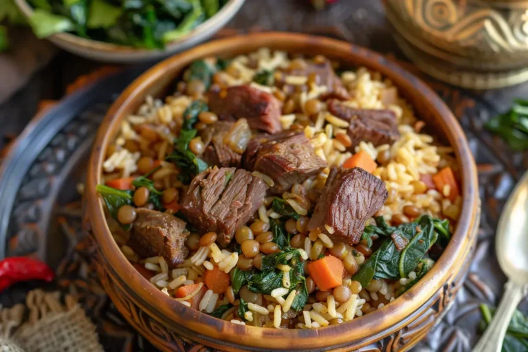 A top-down view of a completed lamb lentils rice spinach recipe in a rustic serving bowl