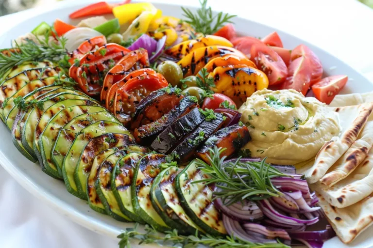 A colorful Mediterranean platter featuring a mix of grilled vegetables, a fresh Greek salad, hummus, pita bread, and garnished with sprigs of fresh herbs