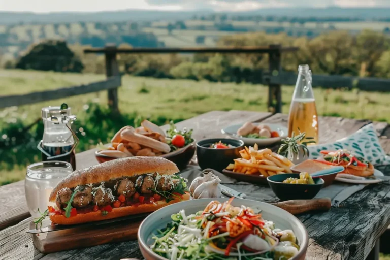 styled meatball sandwich with side dishes like garlic wedges and a fresh salad