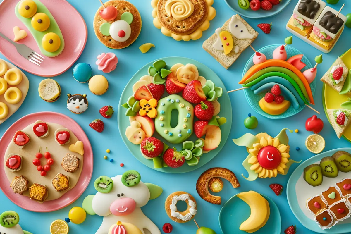 Variety of 3D children’s recipes on a table, featuring colorful and creative dishes