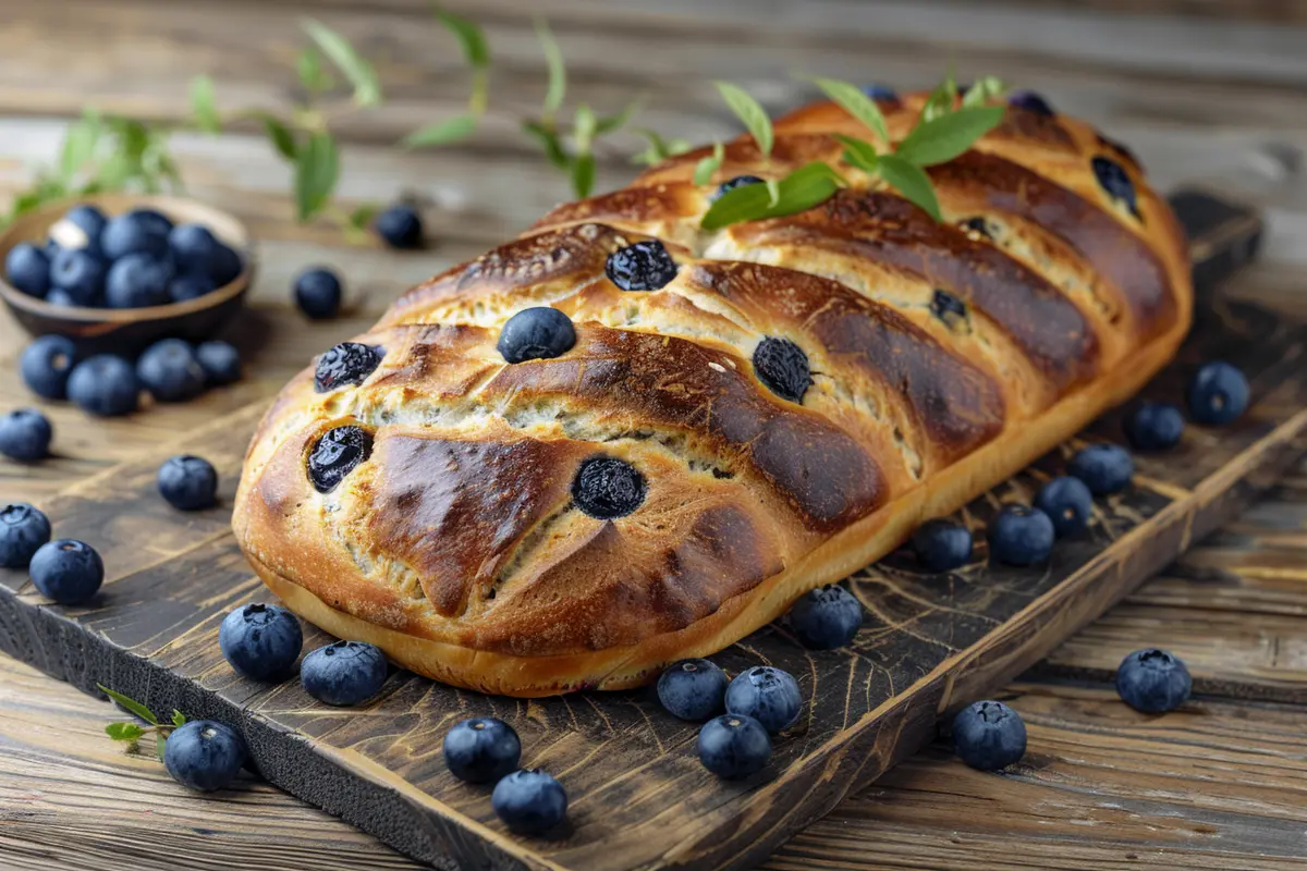 Freshly baked blueberry lentil bread loaf with visible blueberries on a wooden board