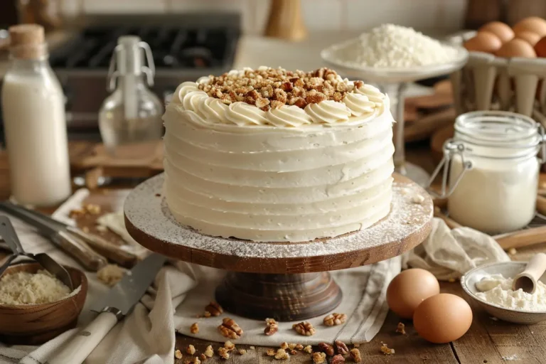 A beautifully frosted cake on a rustic wooden table, surrounded by baking tools and ingredients like glycerine, eggs, and flour in a cozy kitchen setting.