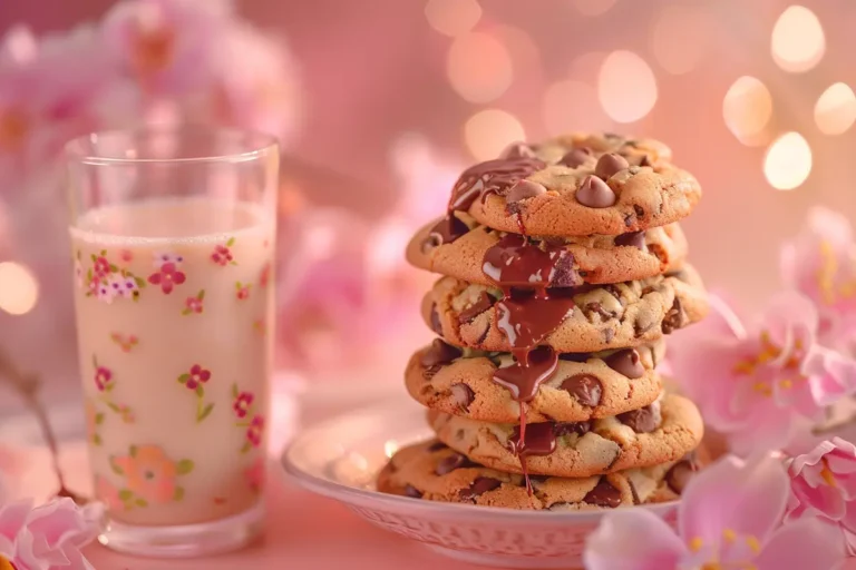 A stack of chocolate chip cookies with gooey melted chocolate and a glass of milk