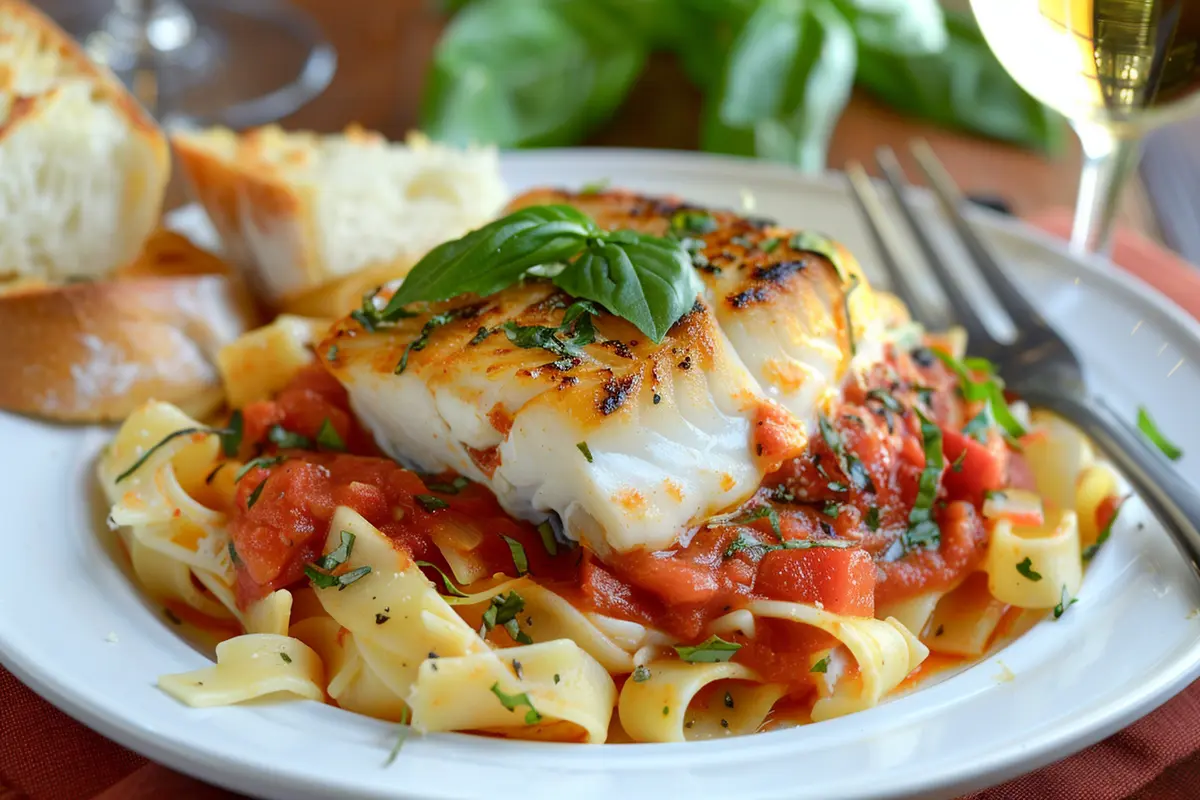 Plate of halibut marinara with pasta and garlic bread.