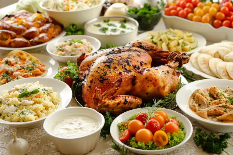 Rotisserie chicken with various meals like soup, salad, and wraps on a table