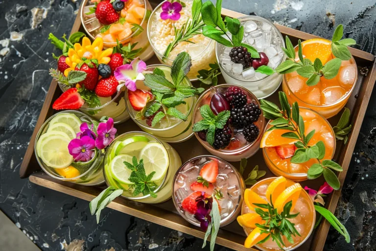 A tray holds an assortment of colorful, fruit-infused drinks garnished with fresh herbs and edible flowers.