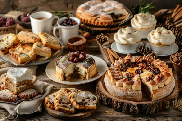 Assorted sourdough desserts, including cookies, pastries, and cake, displayed on a rustic wooden table