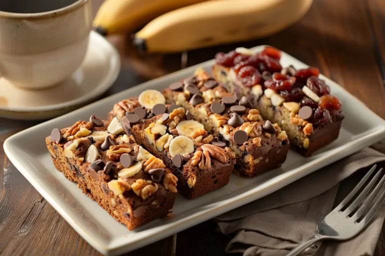 Three banana bread slices with various toppings: nuts, chocolate chips, and dried fruits